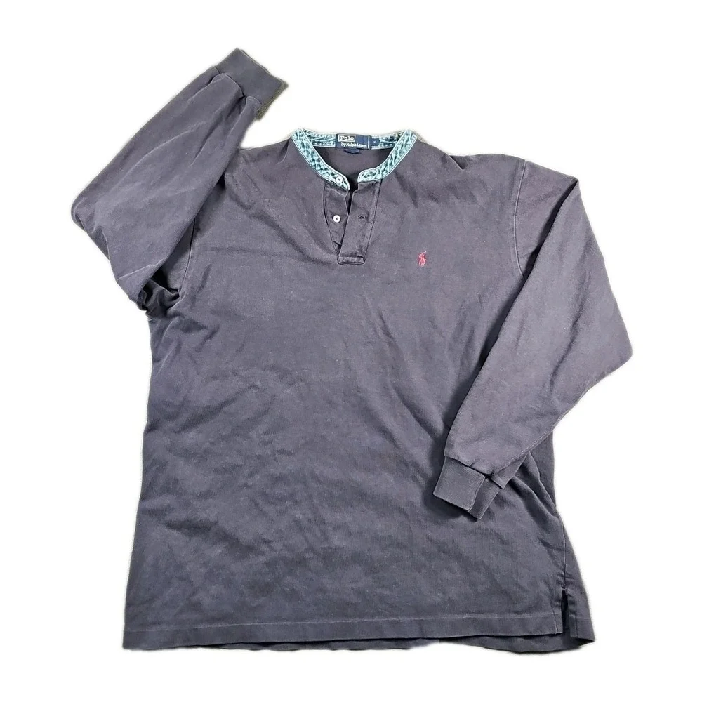 Polo by‎ Ralph Lauren Sweatshirt Denim Collar Navy Blue Red Pony Cotton Vtg